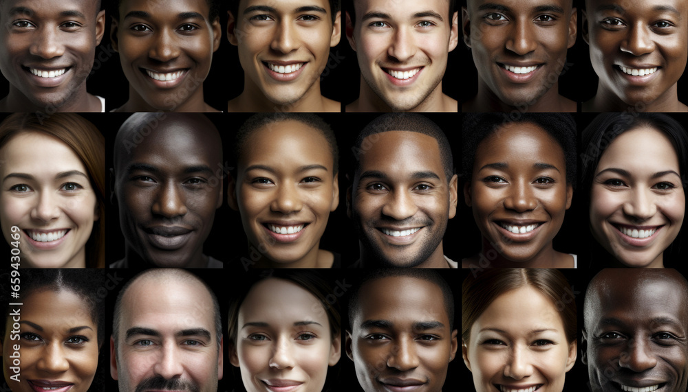 Group of cheerful, smiling young adults with varying facial expressions generated by AI Group of cheerful, smiling young adults with varying facial expressions generated by AI