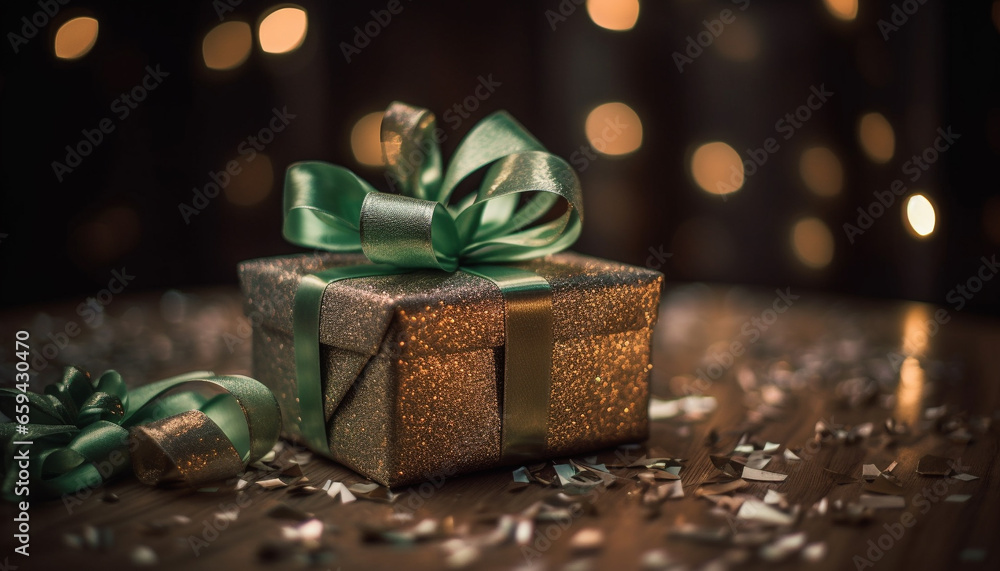 Golden gift box wrapped in glittery Christmas decoration and illuminated generated by AI Golden gift box wrapped in glittery Christmas decoration and illuminated generated by AI