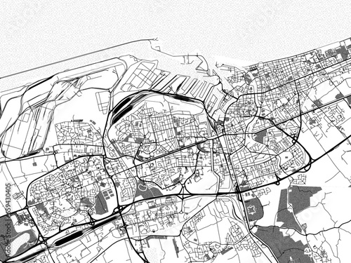 Fotografie Greyscale vector city map of  Dunkirk in France with with water, fields and parks, and roads on a white background