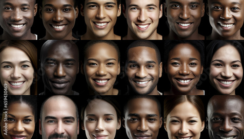 Group of cheerful  smiling young adults with varying facial expressions generated by AI