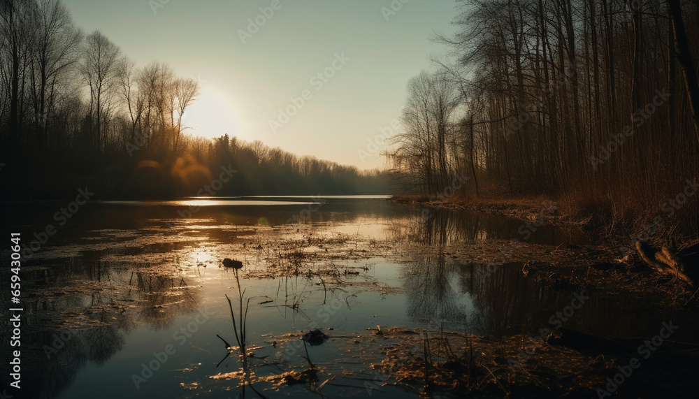 Tranquil scene of a forest pond reflecting autumn natural beauty generated by AI