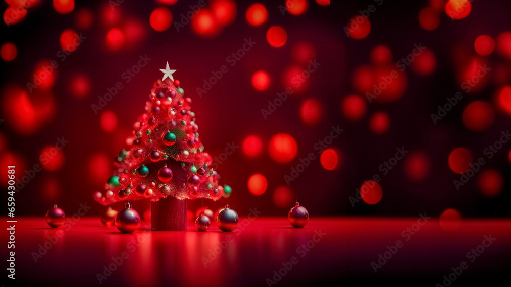 Albero con Ornamenti e Luci su Sfondo Rosso Albero con Ornamenti e Luci su Sfondo Rosso