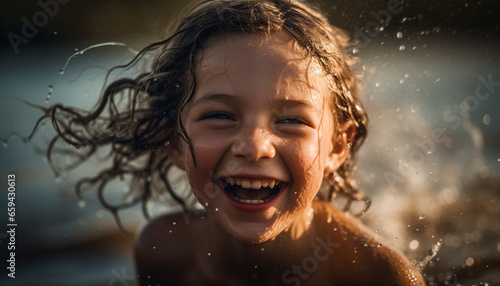 Happy children playing in the water, enjoying carefree summer vacations generated by AI © djvstock