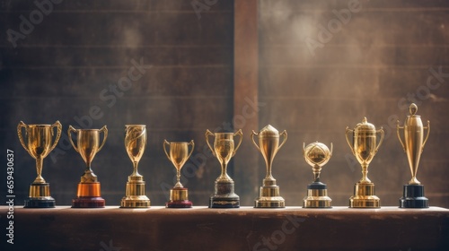A row of trophies of varying sizes and designs photo
