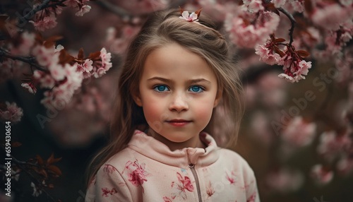 Cute Caucasian girl smiling, enjoying nature beauty and playing joyfully generated by AI