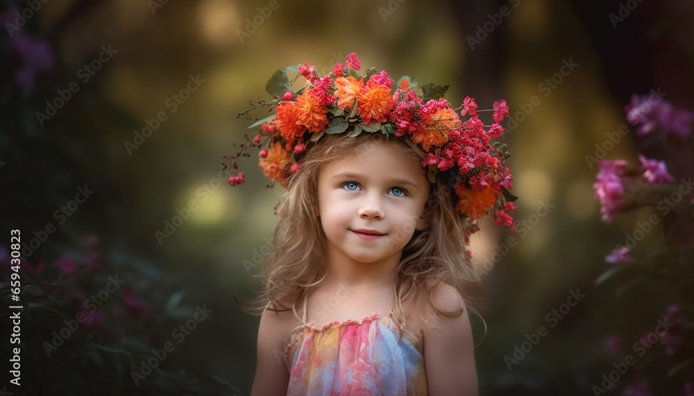 Cute baby girl smiling in nature, enjoying playful summer fun generated by AI Cute baby girl smiling in nature, enjoying playful summer fun generated by AI