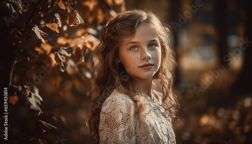 Cute young woman smiling, looking at camera in autumn forest generated by AI