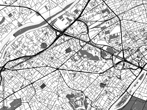 Greyscale vector city map of  Nanterre in France with with water, fields and parks, and roads on a white background. photo