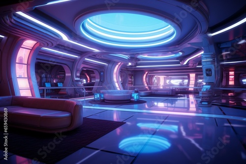 Futuristic interior with glowing neon tubes. Generative AI