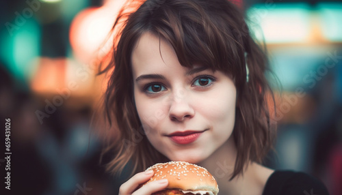 Cute young women enjoying a cheeseburger meal with happiness generated by AI