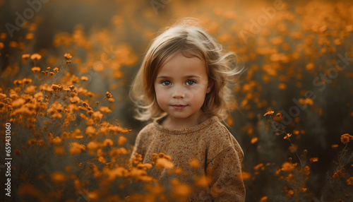 Smiling Caucasian toddler enjoys playful autumn meadow with family generated by AI