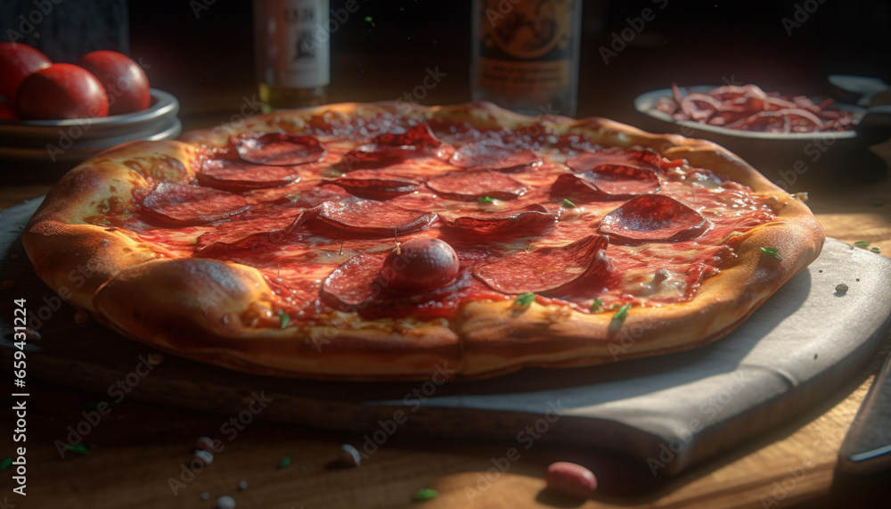Freshly baked pizza on rustic wooden table with Italian ingredients generated by AI Freshly baked pizza on rustic wooden table with Italian ingredients generated by AI
