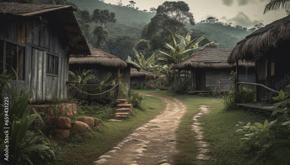 Fototapeta premium Rustic hut in tranquil meadow surrounded by lush tropical forest generated by AI