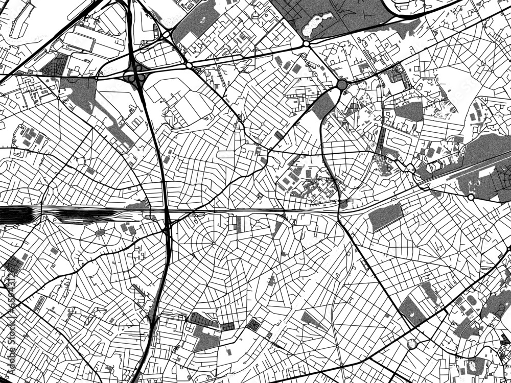 Greyscale vector city map of  Aulnay-sous-Bois in France with with water, fields and parks, and roads on a white background.