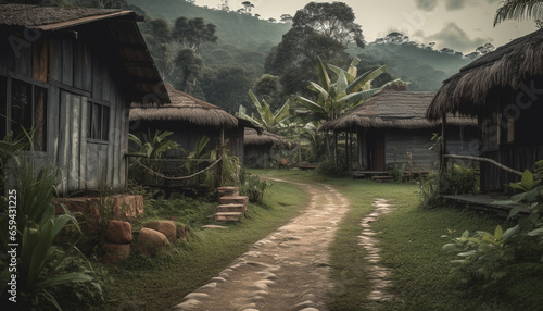 Rustic hut in tranquil meadow surrounded by lush tropical forest generated by AI photo