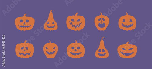 Icon set of creepy pumpkins. Halloween concept. Vector
