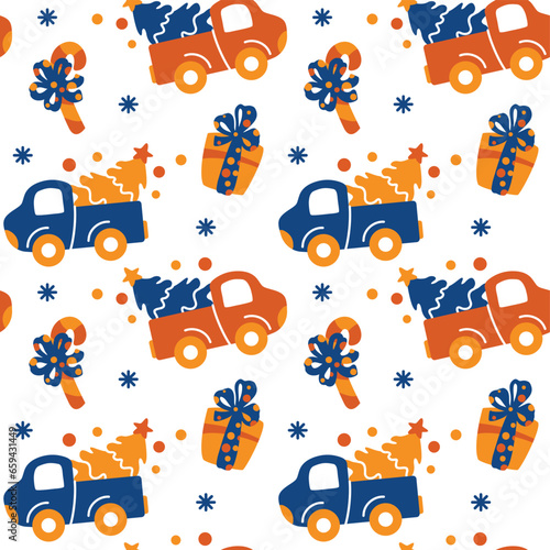 Pickup truck with Christmas tree. Childish Christmas print. Seamless pattern. Vector.