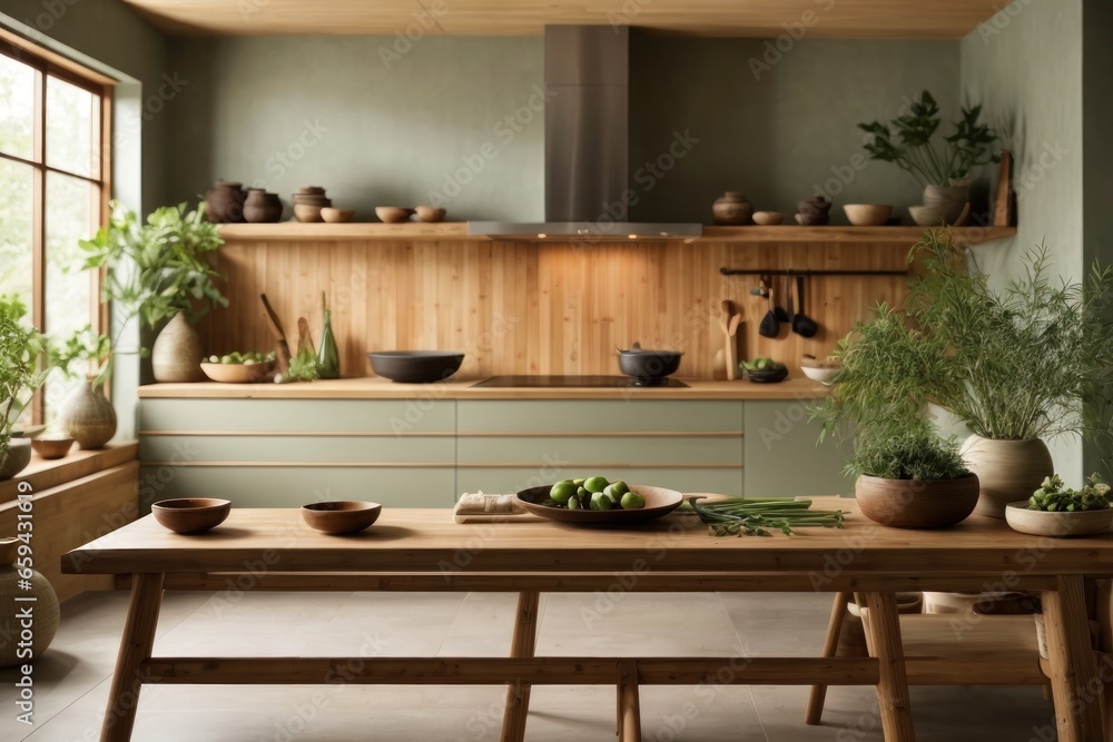 Fototapeta premium Serene Zen-Inspired Interior Design Kitchen with Natural Bamboo and Wood Elements, AI Generated