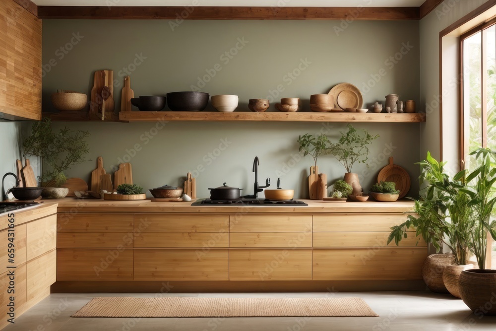 Serene Zen-Inspired Interior Design Kitchen with Natural Bamboo and Wood Elements, AI Generated