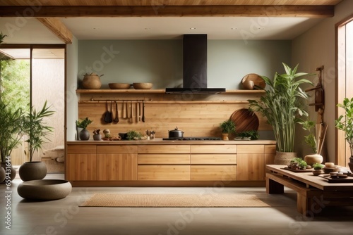 Serene Zen-Inspired Interior Design Kitchen with Natural Bamboo and Wood Elements  AI Generated