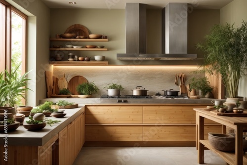 Serene Zen-Inspired Interior Design Kitchen with Natural Bamboo and Wood Elements, AI Generated