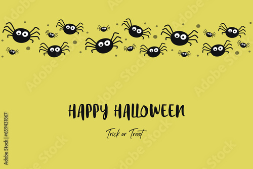 Background with hanging spiders and wishes. Halloween card. Vector