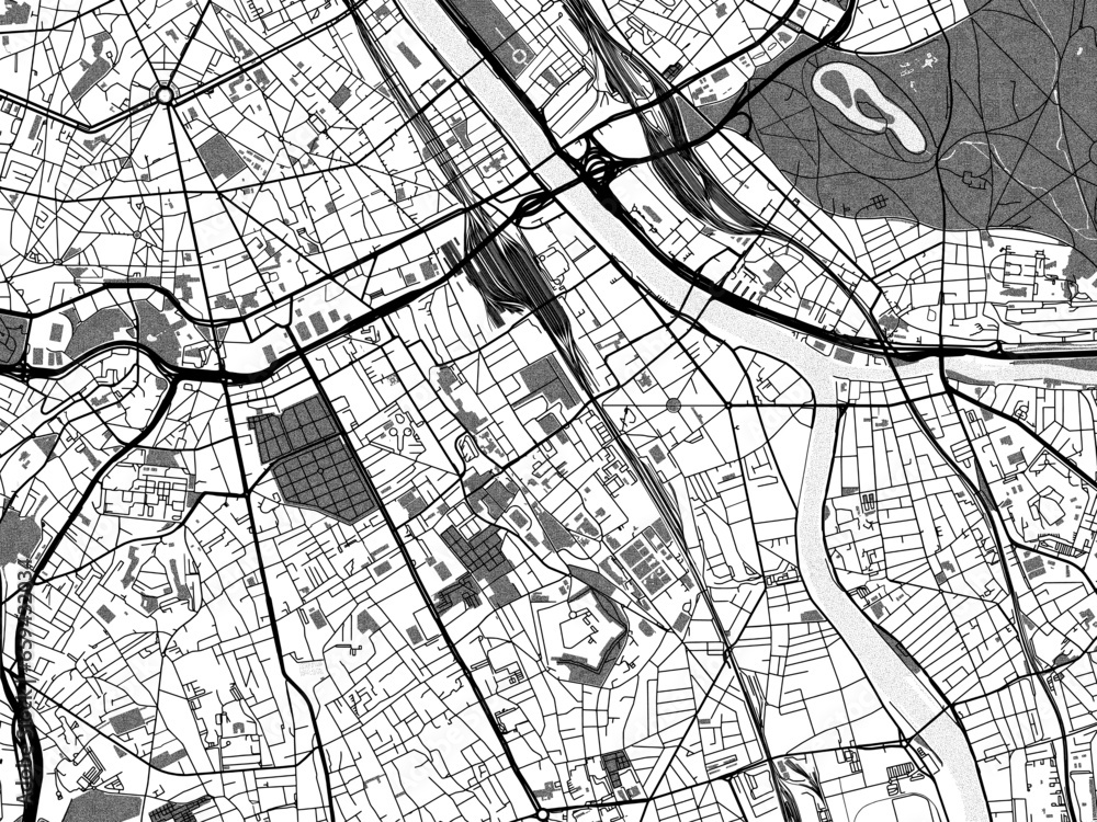 Naklejka premium Greyscale vector city map of Ivry-sur-Seine in France with with water, fields and parks, and roads on a white background.