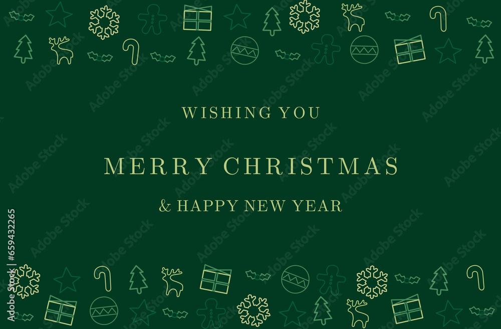 Green horizontal outline holiday greeting card with Christmas element pattern frame on top and bottom.