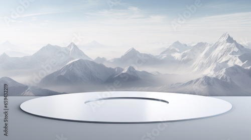  a round white object in front of a backdrop of mountains.  generative ai © Olga