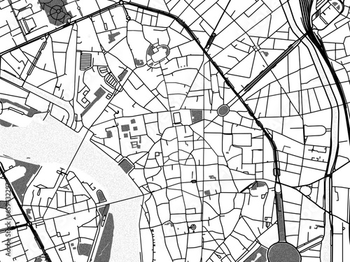 Greyscale vector city map of  Toulouse Centre in France with with water, fields and parks, and roads on a white background.