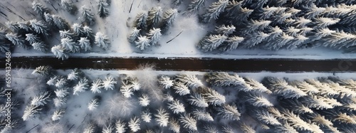 Aerial drone view of a road crossing snowy woods in winter photo