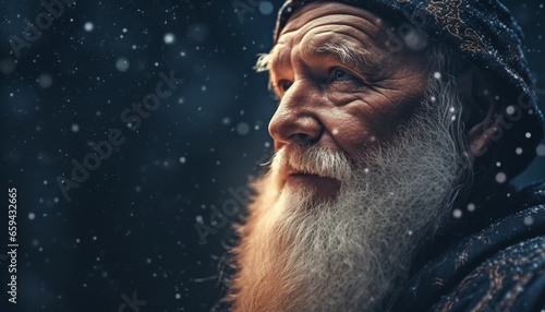 Senior Caucasian man with gray beard smiling in winter snow generated by AI