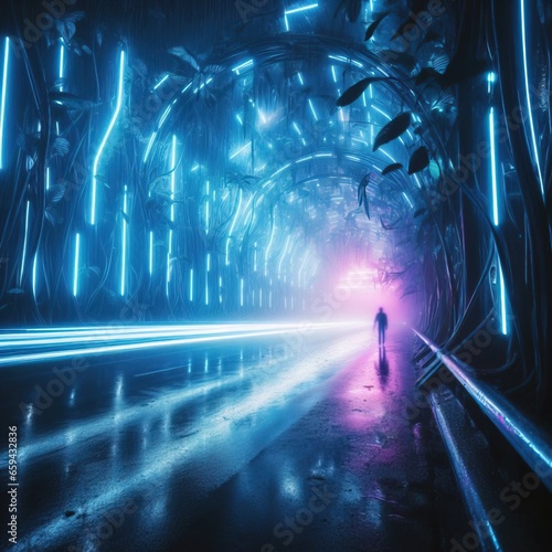 Perspective of street with blue and violet neon lights. Beautiful neon night in a cyberpunk city. Futuristic city. scene.