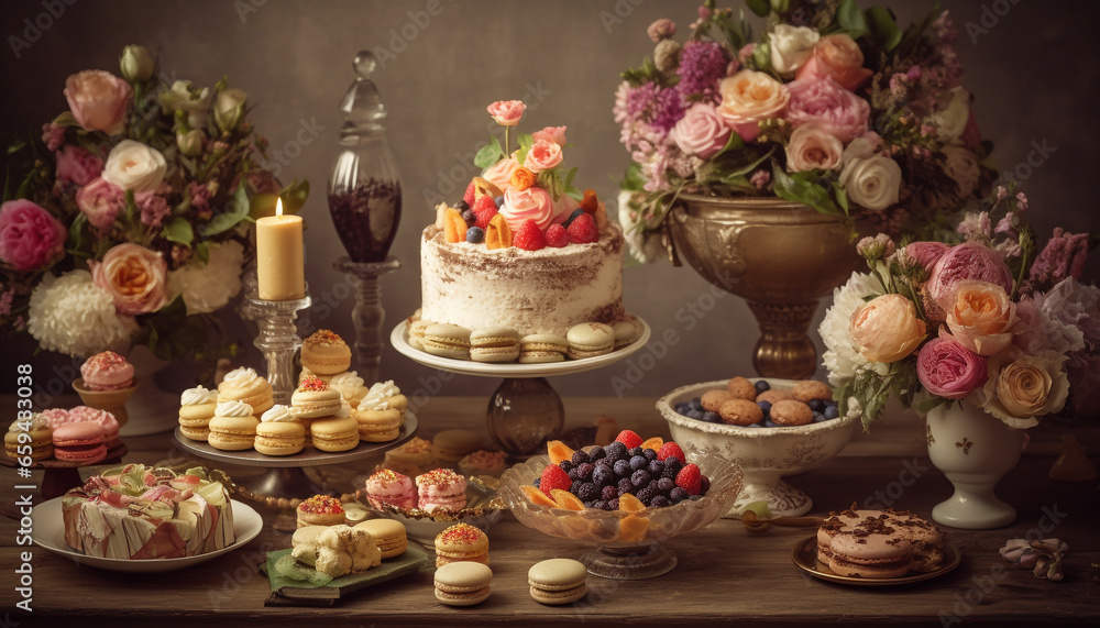 Gourmet dessert table with homemade cakes and cupcakes generated by AI