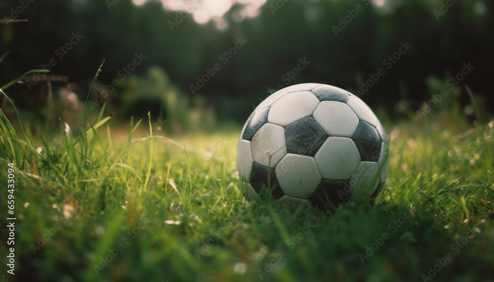 Fototapeta premium Green soccer ball rolls on grass field generated by AI