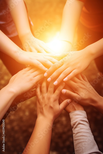 Lot of people hands united together in the air with sun light representing friendship and working together concept