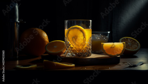 Refreshing lemon soda in a glass with citrus slice garnish generated by AI
