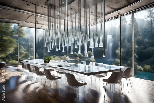 Generate a surreal waterfall dining scene with transparent chairs and a table suspended above the water