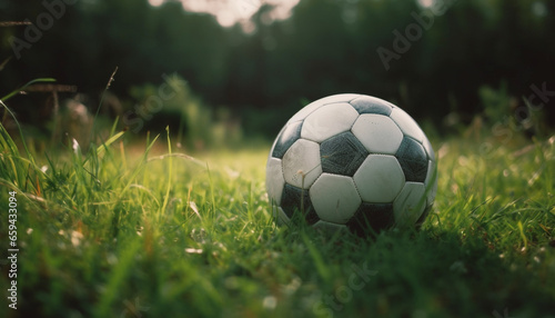 Green soccer ball rolls on grass field generated by AI © Jeronimo Ramos