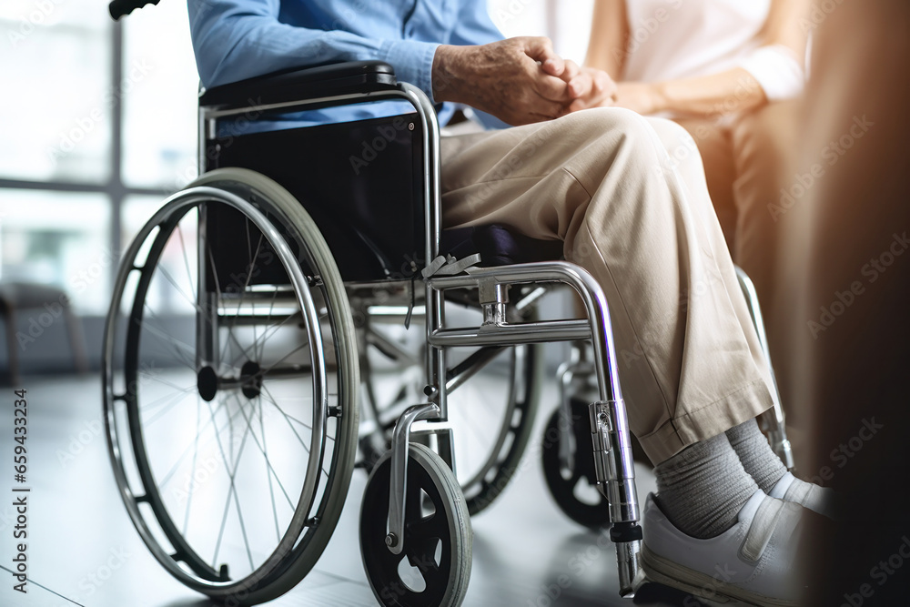 Obraz premium Nurse Holding Hand of Senior Man in Wheelchair in Nursing Home or Hospital