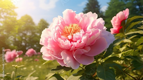  a large pink flower in a field of green grass and trees.  generative ai