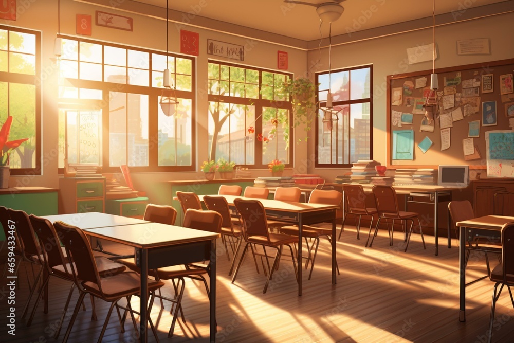 Cartoon-style classroom with morning light. Generative AI