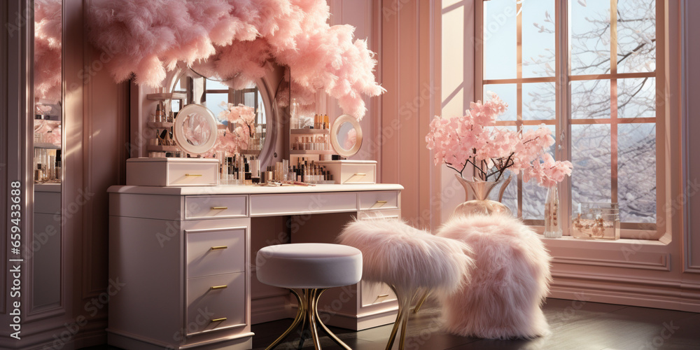 A Glamorous dressing room for a fashionista with a vanity table, glass window, feminine and luxurious space, Designer Delights