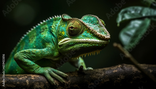 Green lizard on branch, scales in focus generated by AI