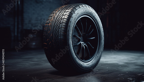 Shiny alloy wheel on a dark car in an auto repair shop generated by AI