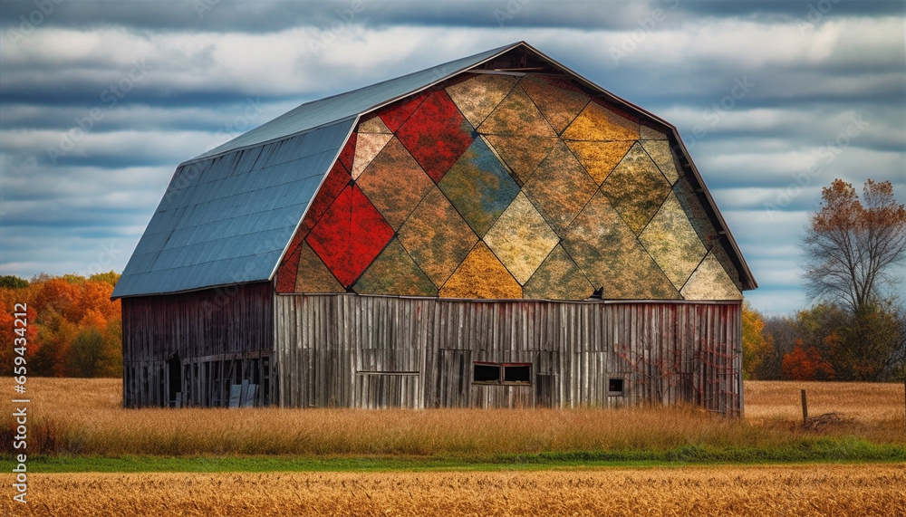 Rustic farm shed in Alberta, surrounded by nature beauty generated by AI