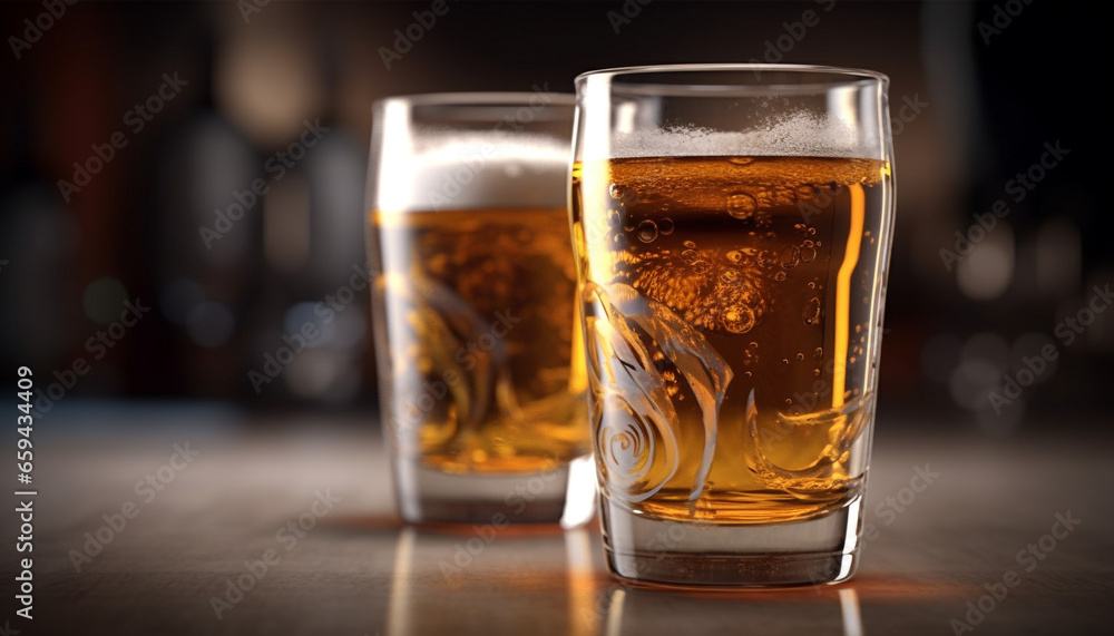 Golden brew in frothy pint glass on wooden bar counter generated by AI Golden brew in frothy pint glass on wooden bar counter generated by AI