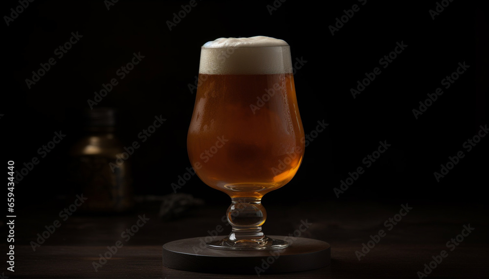 A frothy beer in a pint glass on a wooden table generated by AI A frothy beer in a pint glass on a wooden table generated by AI