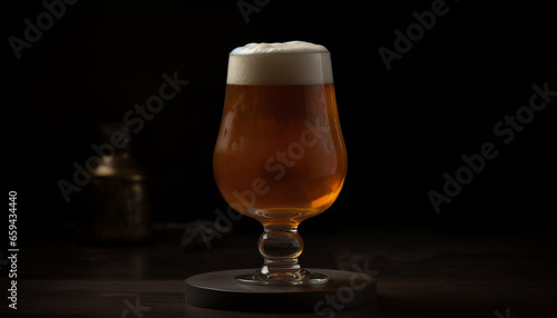 A frothy beer in a pint glass on a wooden table generated by AI