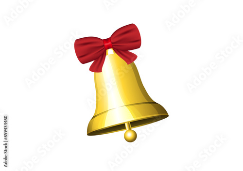 Golden metal bell with red bow on white background, Christmas symbol, school bell, vintage bell. 3D effect. Vector illustration. 